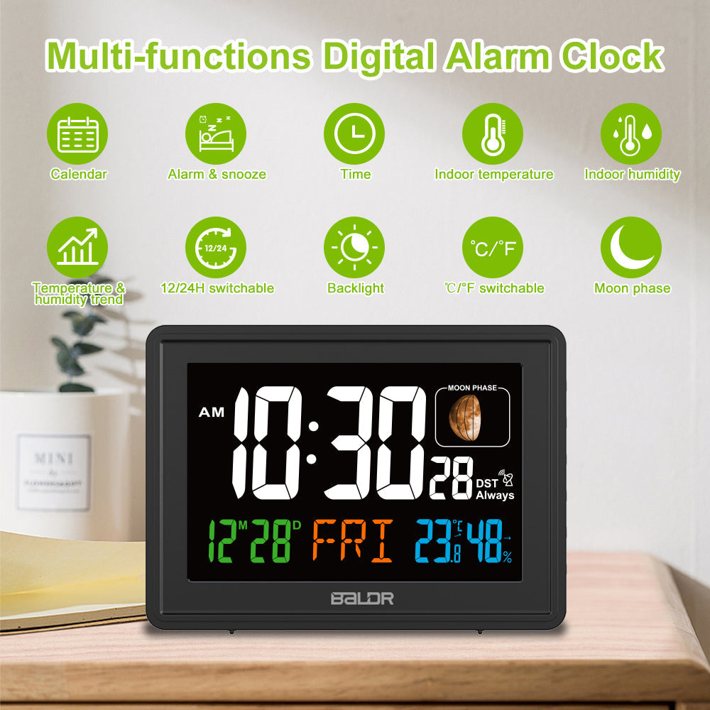 BALDR Atomic Alarm Clock – Large Digital Desk Clock with Thermometer, Humidity & Moon Phase Display